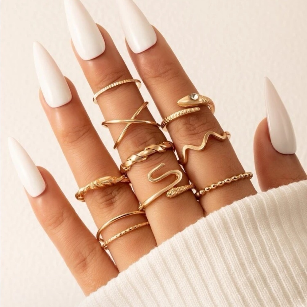 Gold 9pc Rhinestone Snake Ring Set - Picture 1 of 2